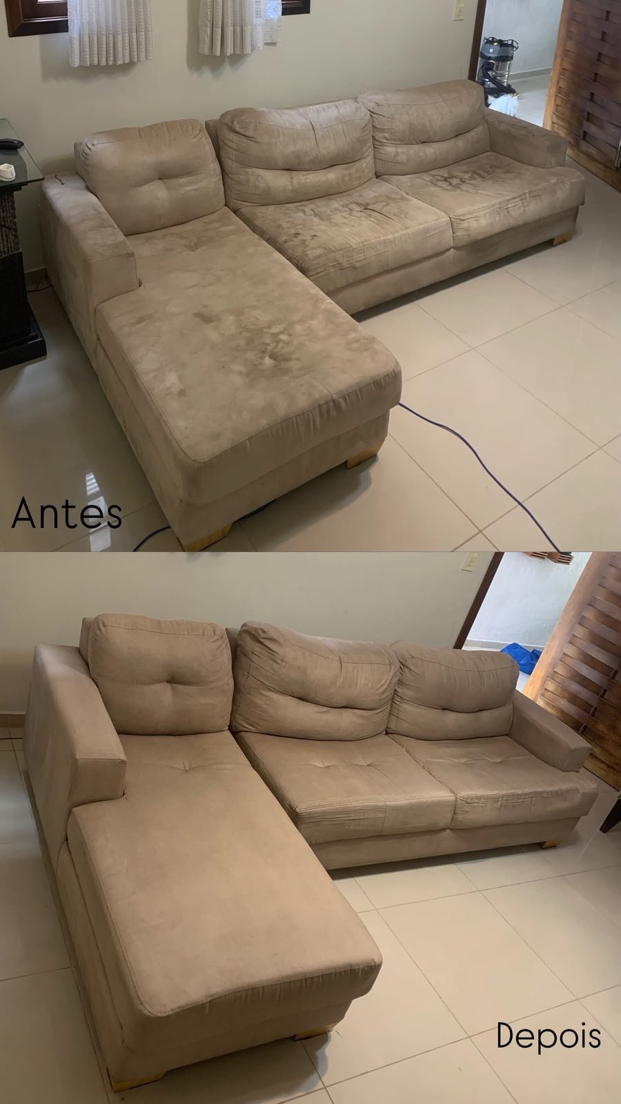 Antes e depois da higienização de um sofá de canto bege